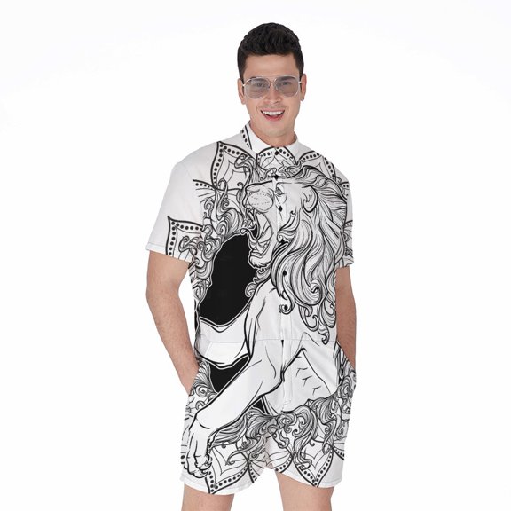 White And Black Leo Sign Short Sleeve Men'S Rompers, Zodiac Horoscope Casual Summer Jumpsuits Outfit
