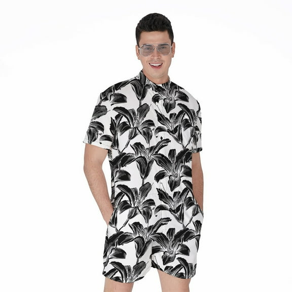 White And Black Lily Pattern Short Sleeve Men'S Rompers Casual Summer Jumpsuits Outfit