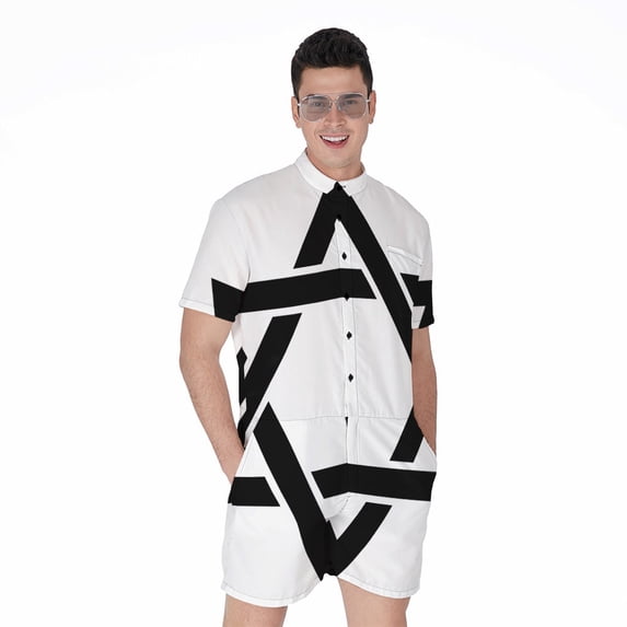 White And Black Star Of David Short Sleeve Men'S Rompers, Jewish Casual Summer Jumpsuits Outfit