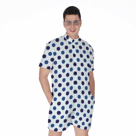 White And Blue Polka Dot Pattern Short Sleeve Men'S Rompers, Dots Casual Summer Jumpsuits Outfit