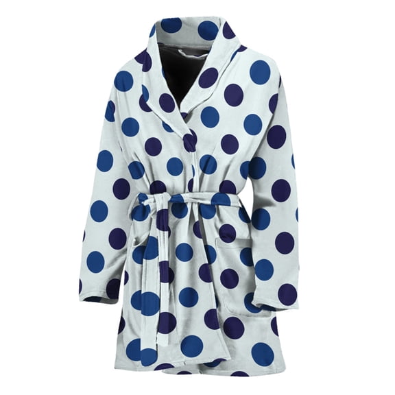 White And Blue Polka Dot Pattern Women Bathrobe One Size Univeral Fits, Dots Fashion Lightweight Plush Fleece Long Robe For Women