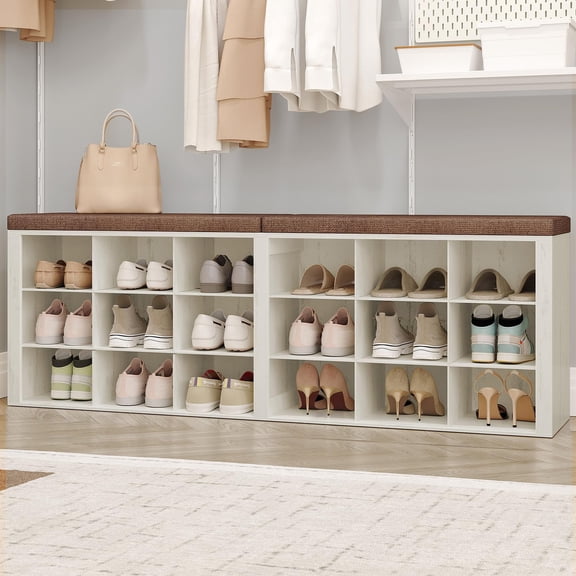 White And Brown Cushioned Shoe Storage Bench With 18 Cubbies For Entryway