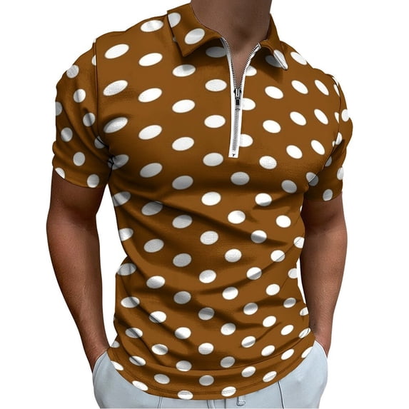 White And Brown Polka Dots Men Zipper T-shirt Summer Casual Short Sleeve T-shirt Top