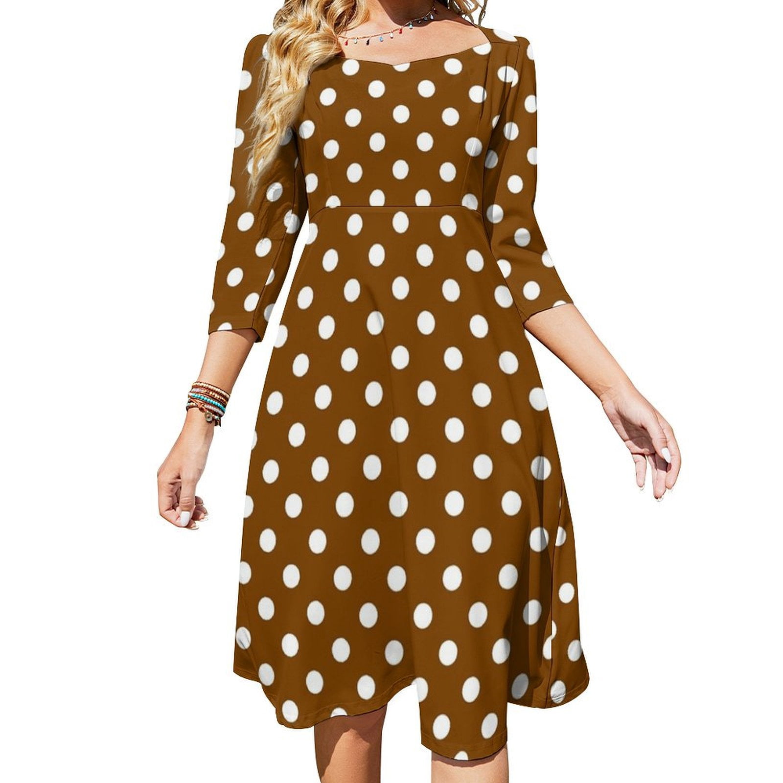 White And Brown Polka Dots Sweetheart Knot Flared Dress Fashion Design — free download