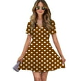 thumbnail image 1 of White And Brown Polka Dots Women Dress V-Neck Short Sleeve Flowy Swing Party Midi Dress, 1 of 4