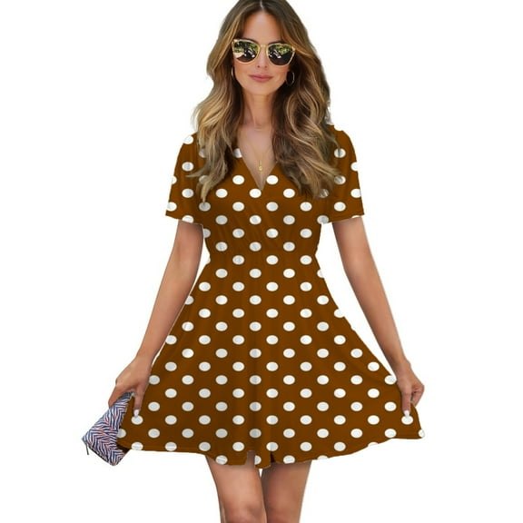 White And Brown Polka Dots Women Dress V-Neck Short Sleeve Flowy Swing Party Midi Dress