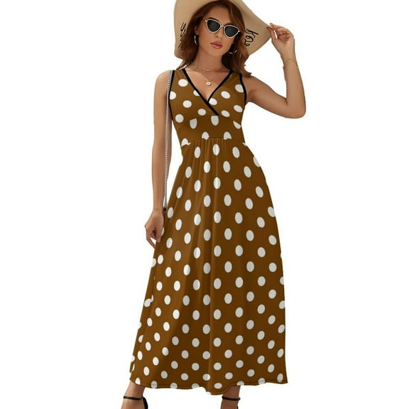 White And Brown Polka Dots Womens Night Club Maxi Dress V Neck Sleeveless Bohemia Long Dresses