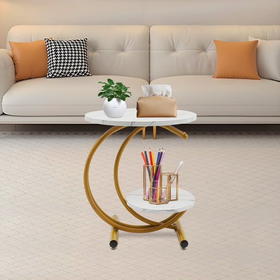 White And Gold 55x55x60cm Double Round Side Table Modern Minimalist Living Room Storage Rack Double Round Storage Table