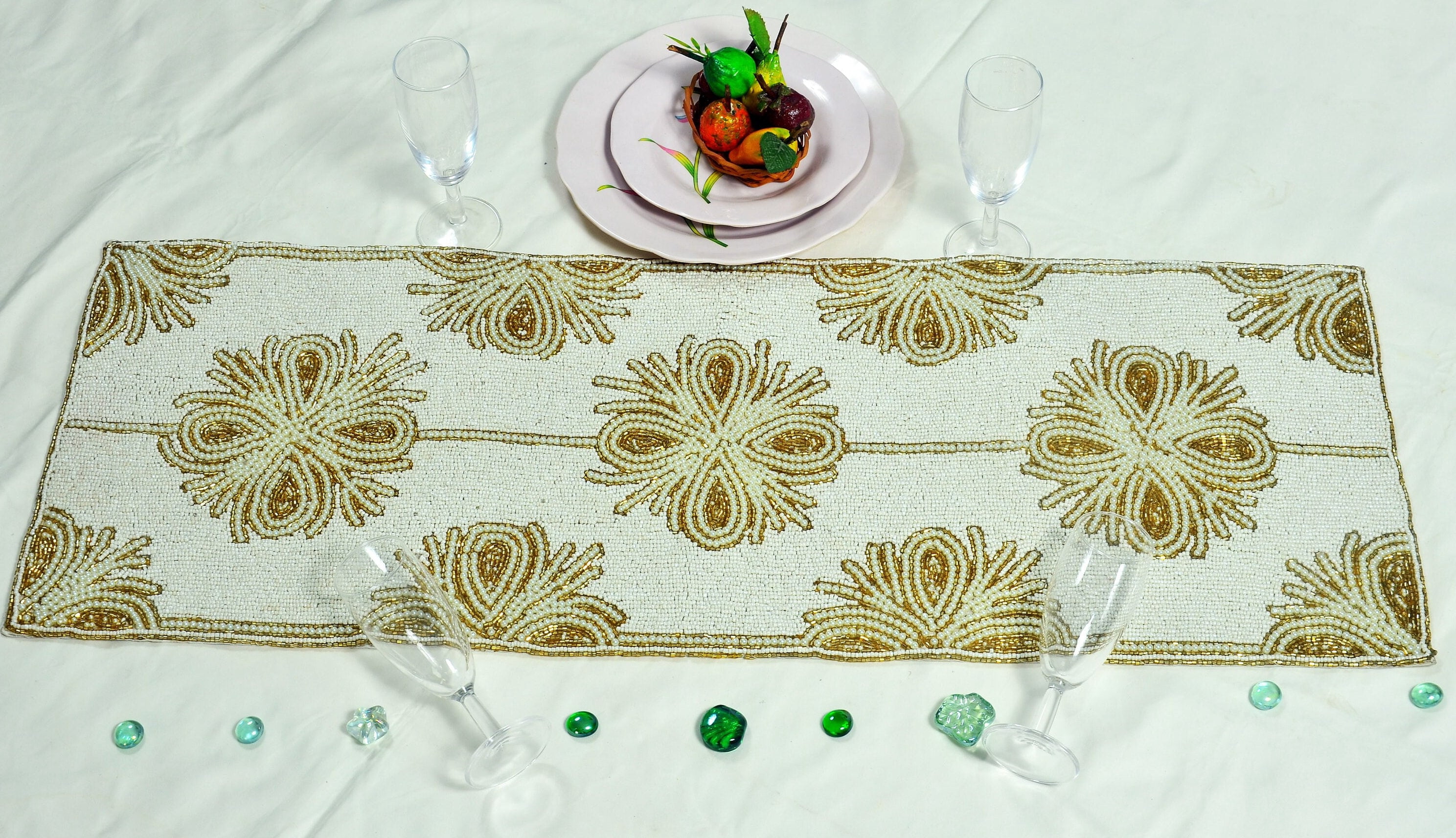 White And Gold Bead Table Runner, Handmade Floral Table Runner ...