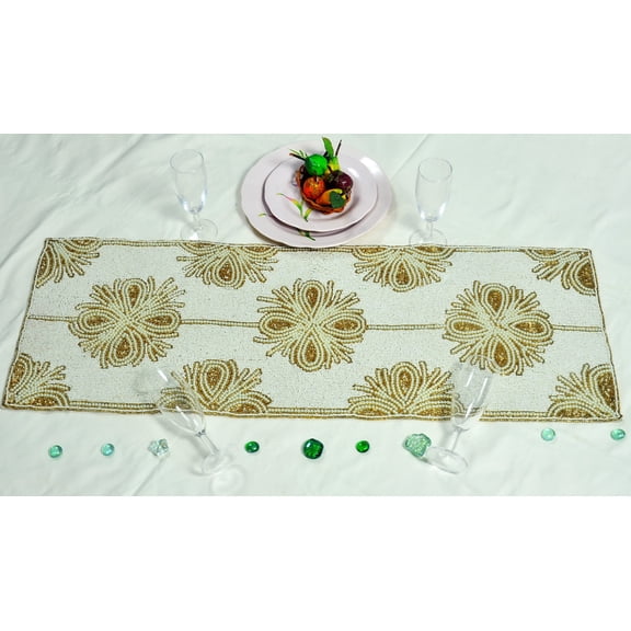 White And Gold Bead Table Runner, Handmade Floral Table Runner, Designer Center Table Runner 13X36 Inches