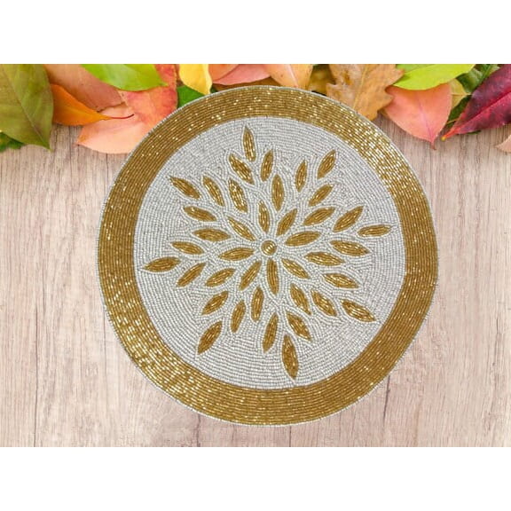 White And Gold Placemat, Handmade Beads Placemat, Designer charger Plate 13X13 Inch