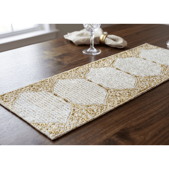 White And Gold Table Runner, Handmade Table Runner, Beads Table Runner, Designer Table Topper 13X36 Inches