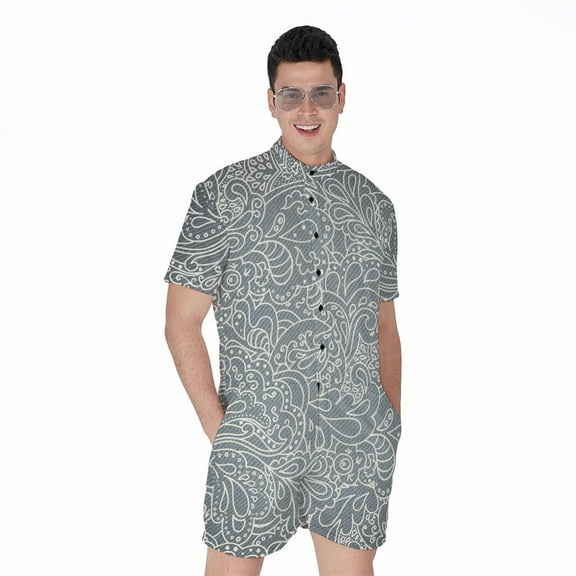 White And Grey Western Floral Short Sleeve Men'S Rompers Casual Summer Jumpsuits Outfit