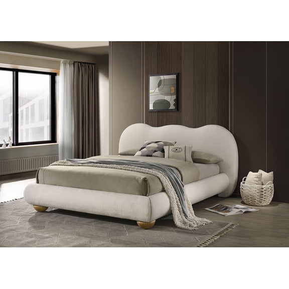 White And Natural Oak Color 1pc King Size Bed Boucle Upholstered Round Bun Wood Feet Bedroom Furniture