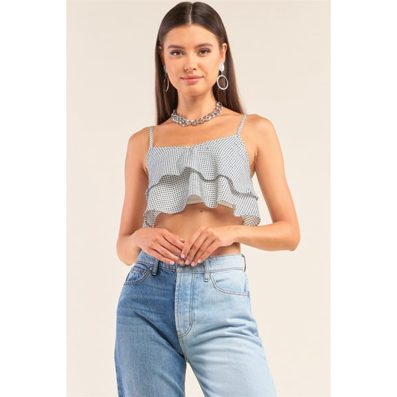 White And Navy Sleeveless Polka Square Layered Smock Back Cropped Top