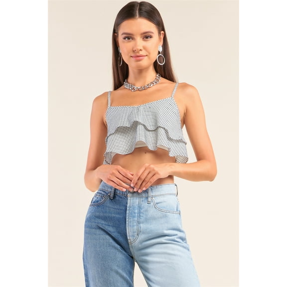 White And Navy Sleeveless Polka Square Layered Smock Back Cropped Top