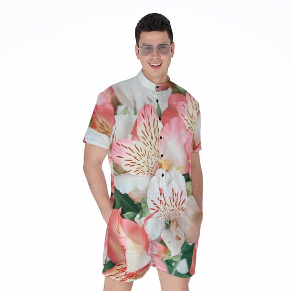 White And Pink Alstroemeria Short Sleeve Men'S Rompers Casual Summer Jumpsuits Outfit