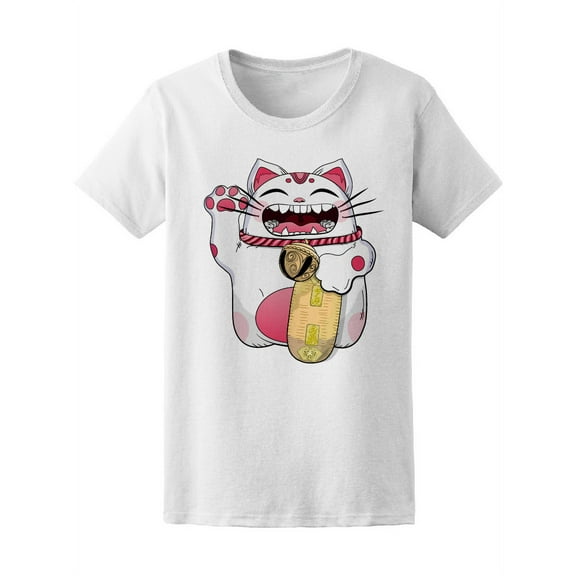 White And Pink Cartoon Cat T-Shirt Women -Image by Shutterstock, Female Large