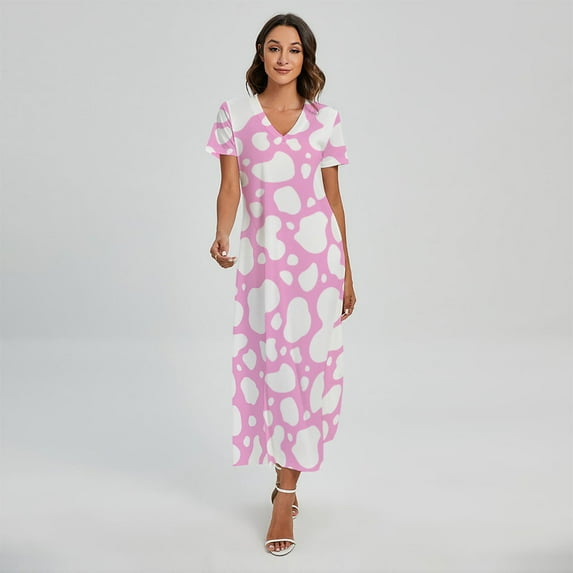 White And Pink Cow Printed Short Sleeve Maxi Dress, Farmer Gifts Fashion Summer Maxi Dress For Women