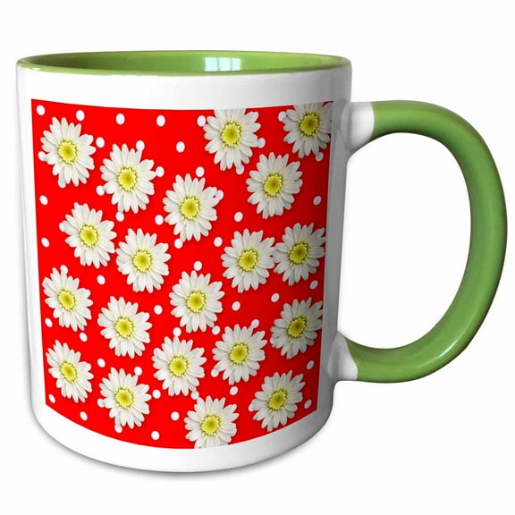 3drose, White and Red Polka Dots and Flowers - Whimsical Art, 11oz Two-tone Green Mug