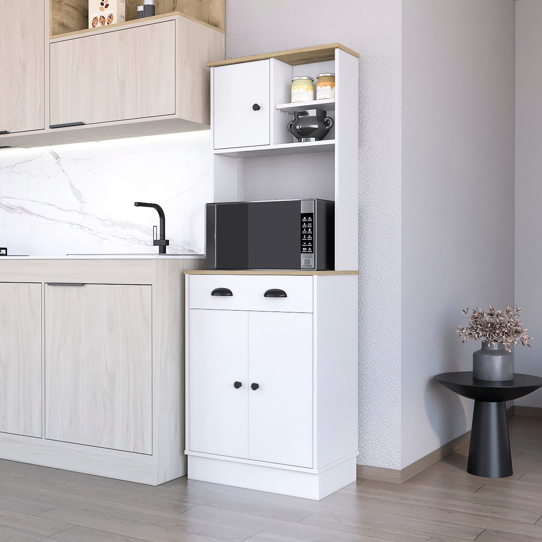 White And Storage Cabinet With Microwave Holder Drawer Space Kitchen Pantry In Generous ...