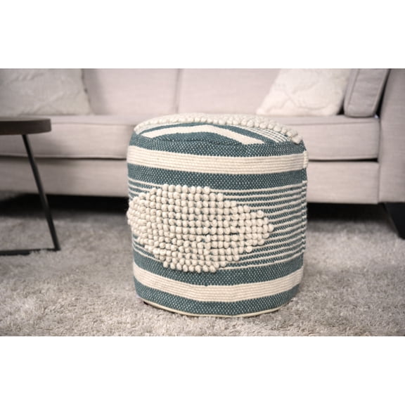 White And Teal Handmade Fabric Cylindrical Pouf, Wool Cotton, 16"x16", 250lb Capacity, Spot Clean, Fully Assembled Cotton Fabric,