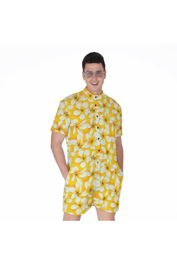 White And Yellow Plumeria Pattern Short Sleeve Men'S Rompers Casual Summer Jumpsuits Outfit