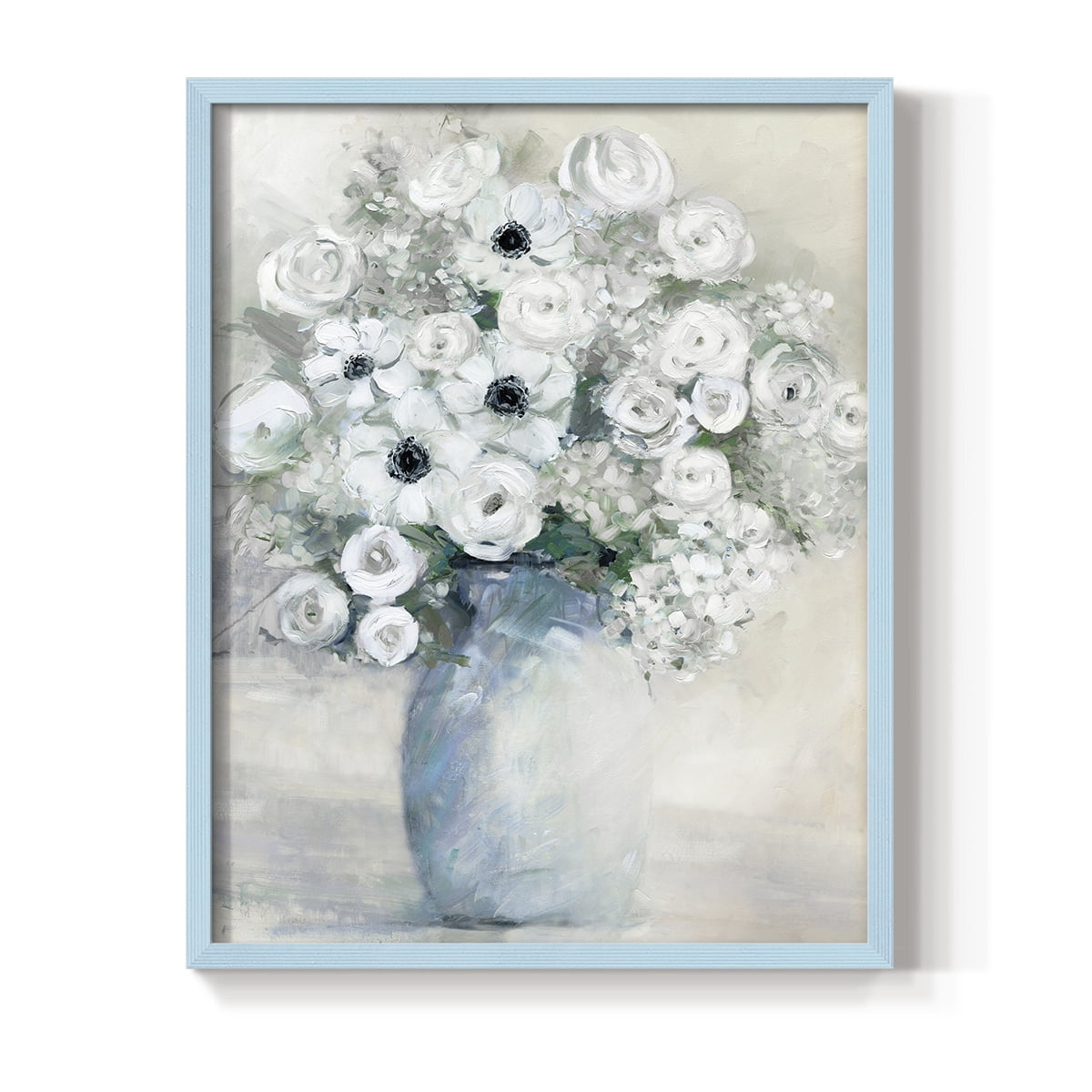 White Anemone Bouquet Framed Print in Blue Solid Wood 8 x 10 Framed Print