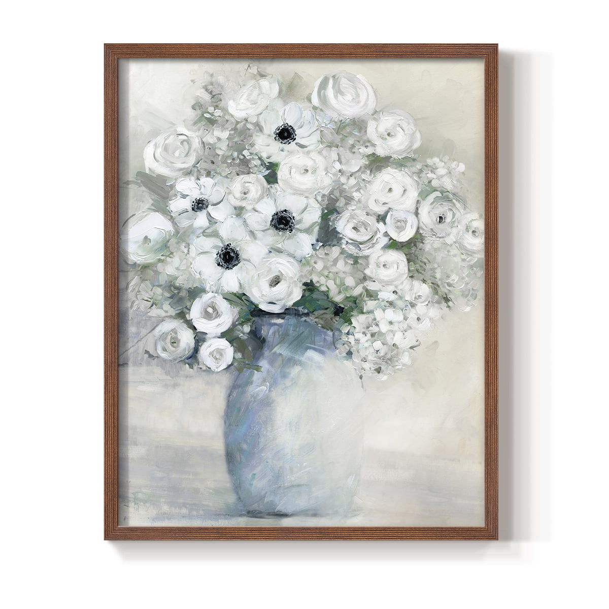 White Anemone Bouquet Framed Print in Brown Solid Wood 8 x 10 Framed Print