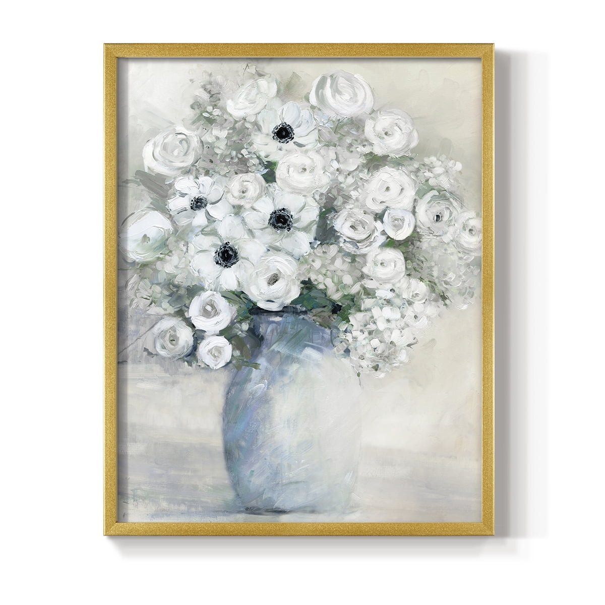 White Anemone Bouquet Framed Print in Gold Solid Wood 8 x 10 Framed Print