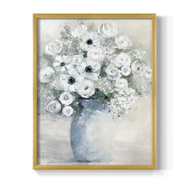 White Anemone Bouquet Framed Print in Gold Solid Wood 8 x 10 Framed