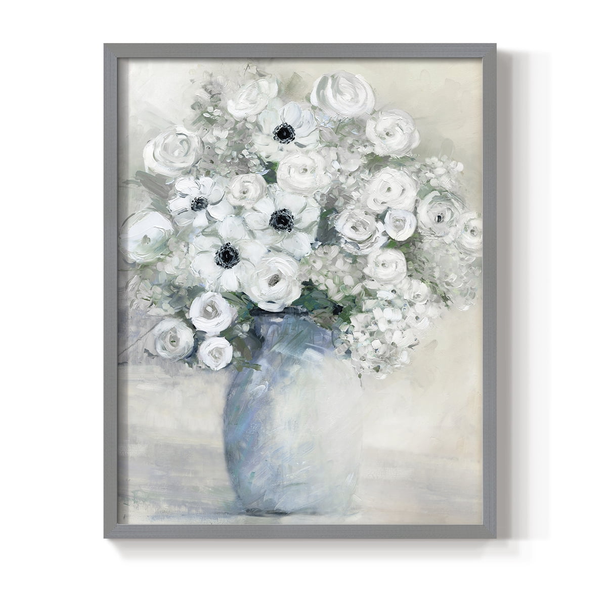 White Anemone Bouquet Framed Print in Gray Solid Wood 22 x 28 Framed Print