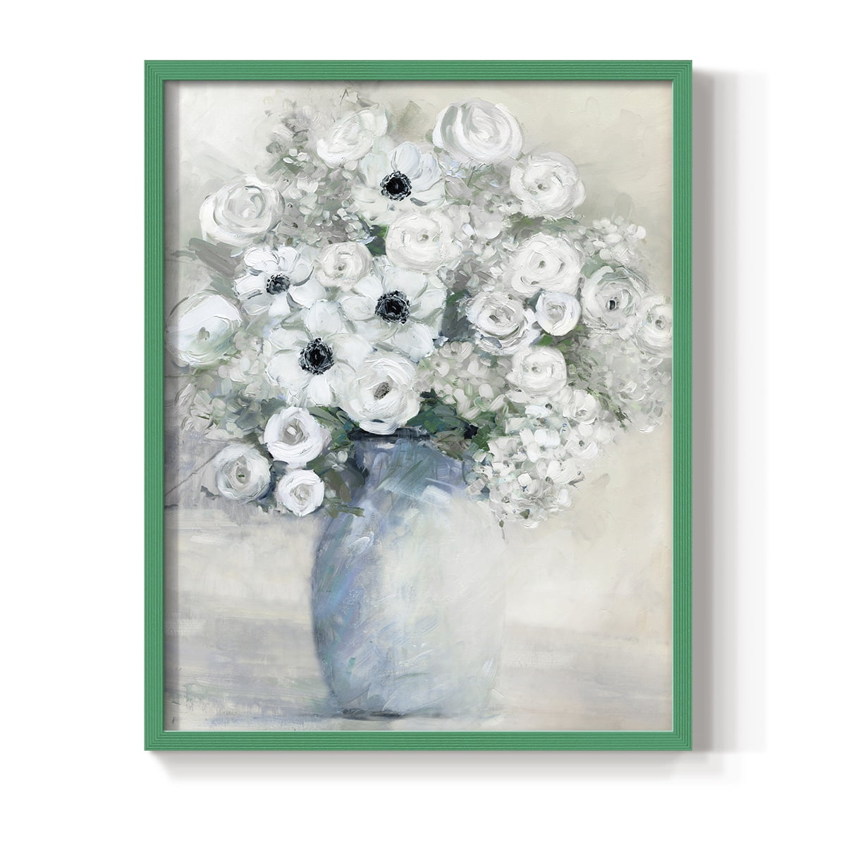 White Anemone Bouquet Framed Print in Green Solid Wood 8 x 10 Framed Print