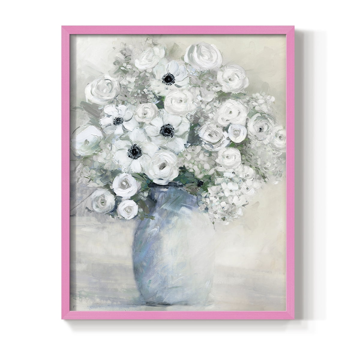 White Anemone Bouquet Framed Print in Pink Solid Wood 11 x 14 Framed Print