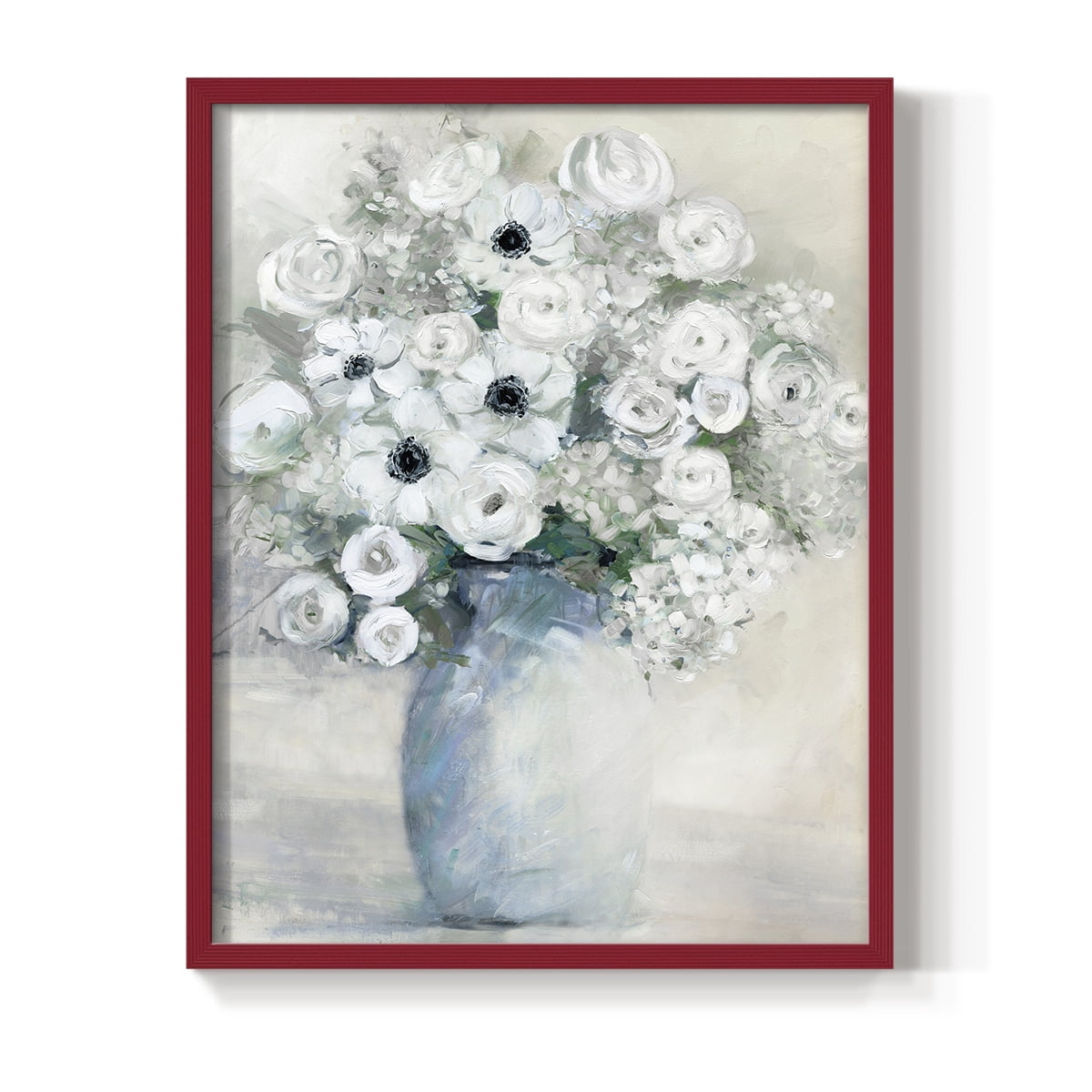 White Anemone Bouquet Framed Print in Red Solid Wood 8 x 10 Framed Print