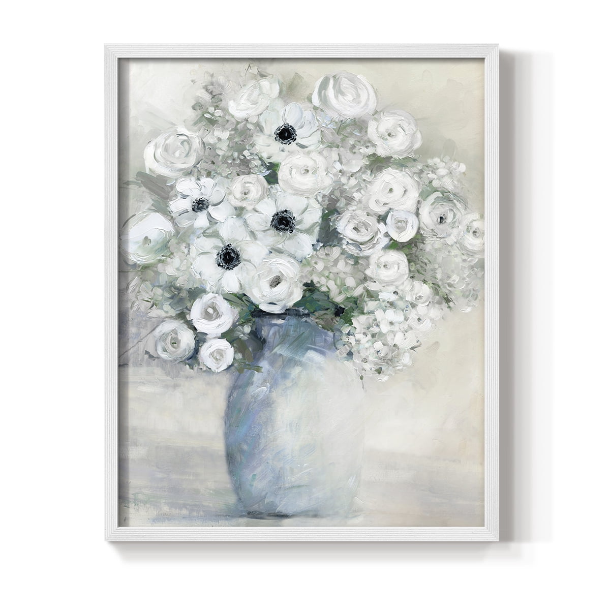 White Anemone Bouquet Framed Print in White Solid Wood 11 x 14 Framed Print