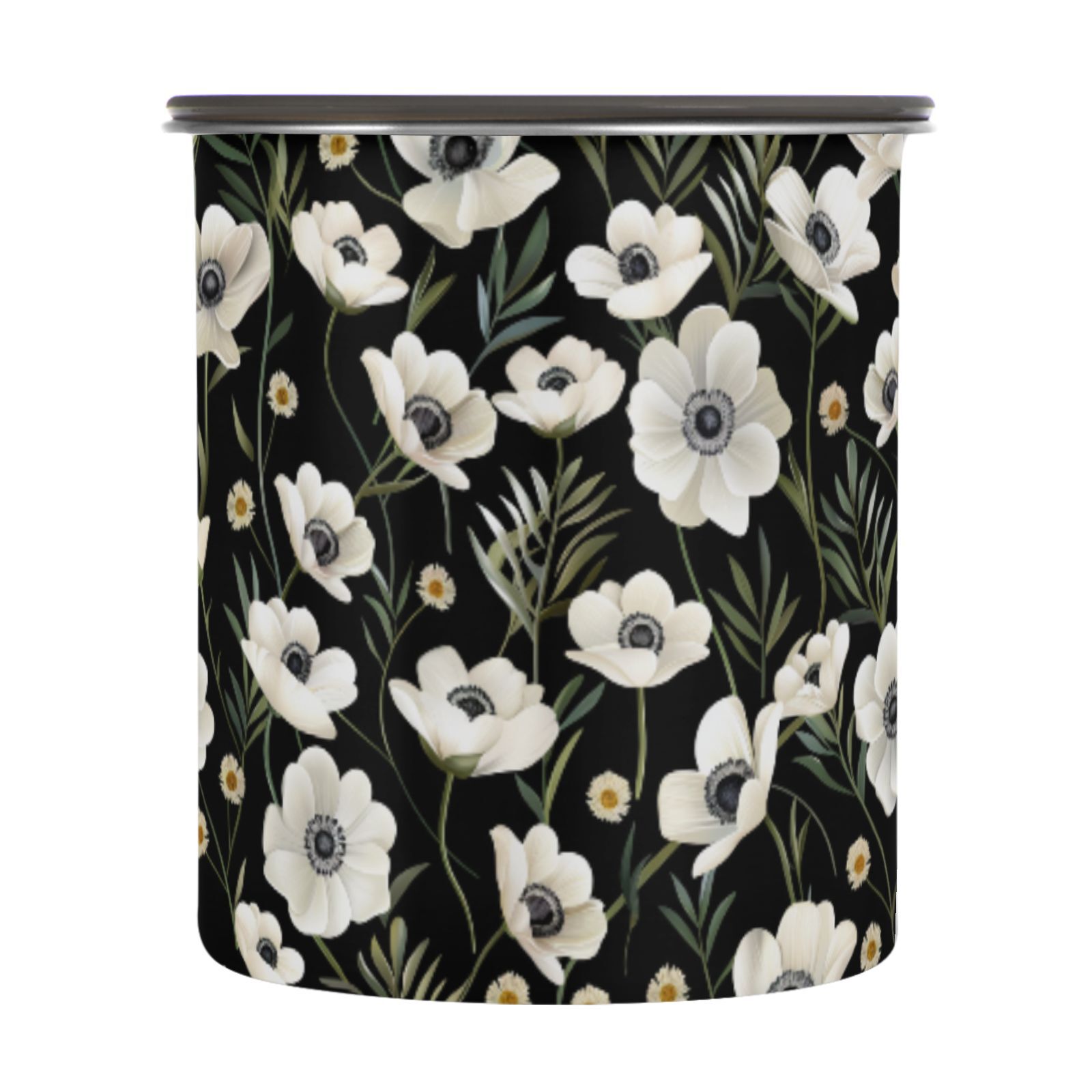 White Anemone Flower Airtight Coffee Bean Canister 30oz Food Storage Containers with Lids For Gournd, Tea, Sugar, Flour, Rice, Cereal, Candy Cookie Jar