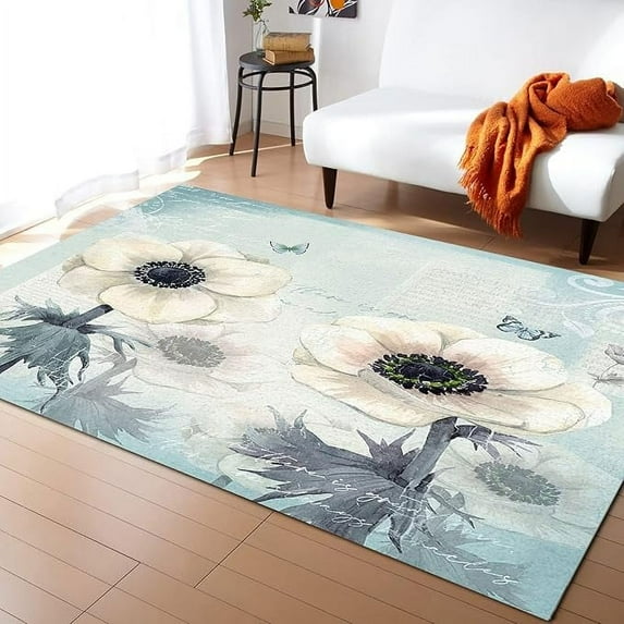 White Anemone Flower Area Rug, Retro Blue Letter Pattern Indoor Carpet, Anti-Skid Breathable Soft And Comfortable Applicable Rugs To Living Room Bedroom Office Study 3 x 5ft