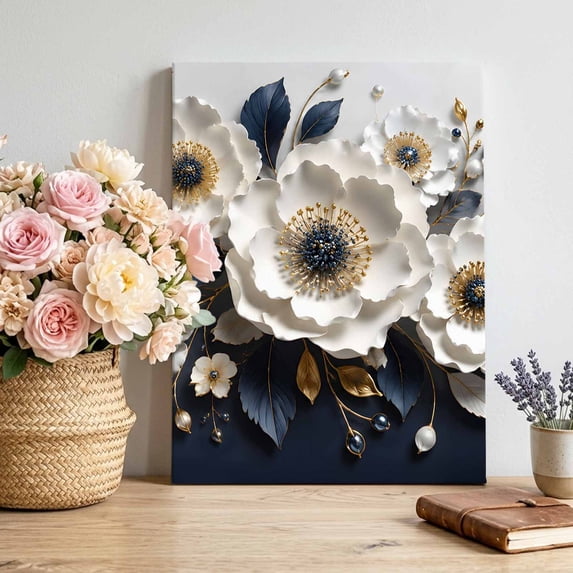 White Anemones Canvas Wall Art for Living Room Bedroom Bathroom, Rustic Floral Golden Leaf Veins Deep Navy Backdrop Canvas Art Wall Decor, Artwork for Walls Home Office Decor, 12"x16"
