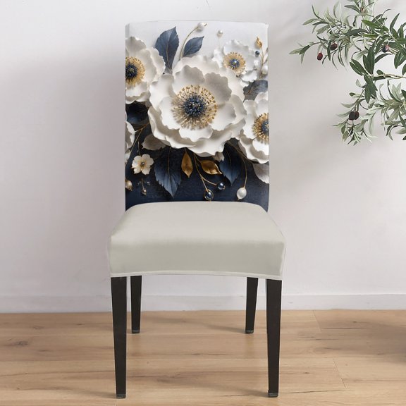 White Anemones Dining Chair Covers Set of 1, Rustic Floral Golden Leaf Veins Deep Navy Backdrop Chair Covers for Dining Room Removable Seat Protectors Slipcovers for Home Party Wedding Banquet