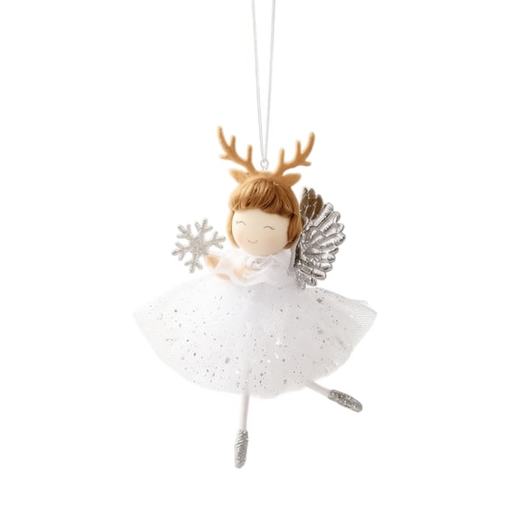 White Angel Doll Christmas Tree Ornament with Reindeer Antlers and Silver Wings