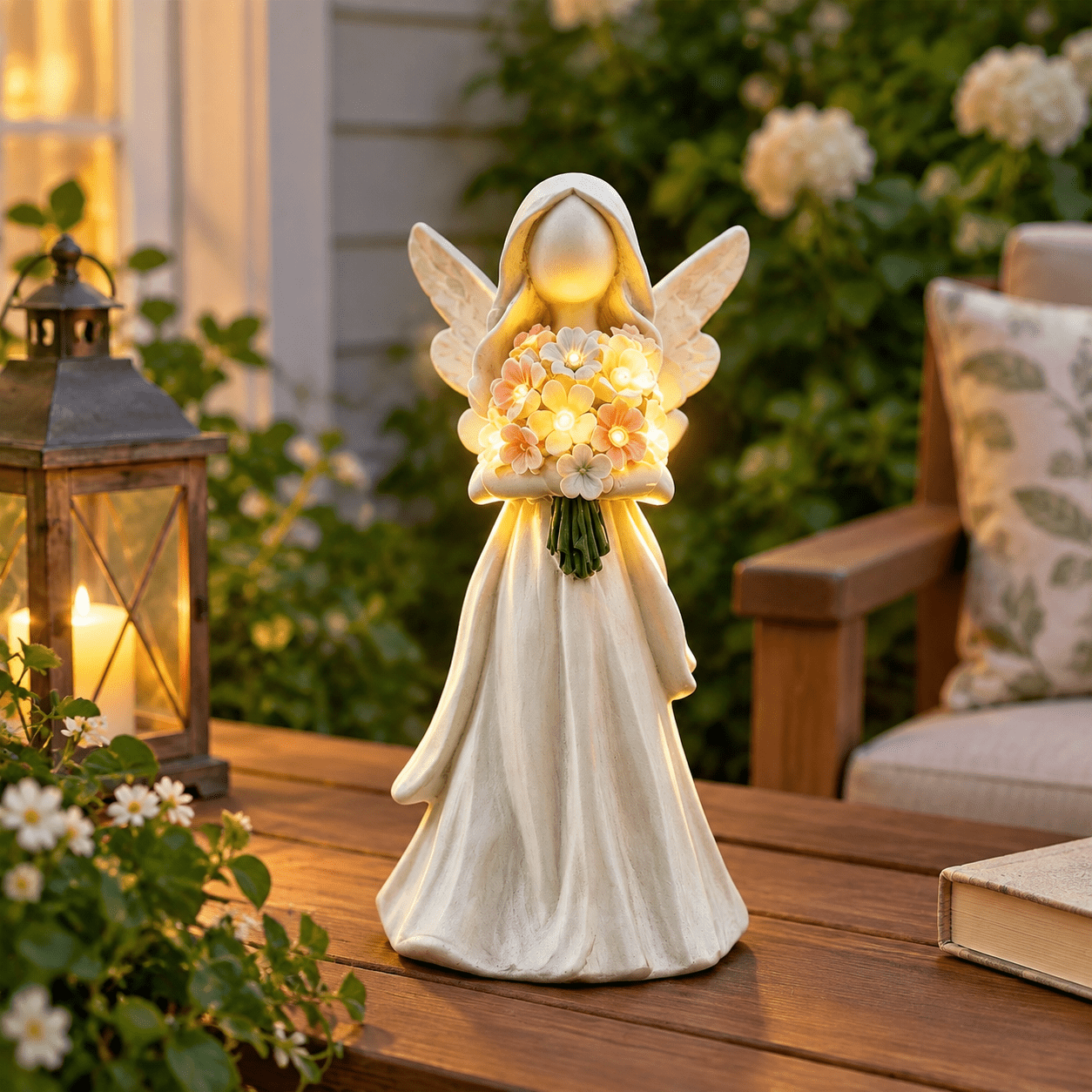 Solar Statue White Angel Solar- Garden Statue with Flower Bouquet LED Light ...