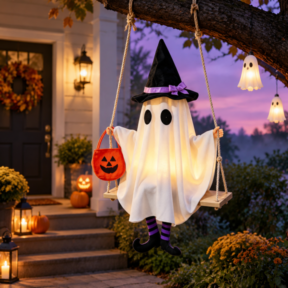 White Animated Swinging Ghost Outdoor LED Decoration, 15.94 x 6.38 x 2.36 Inches