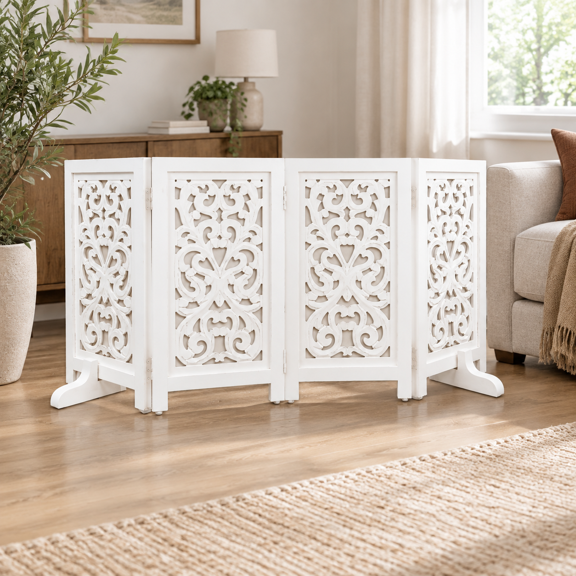 White Antique 26x52 Inch - Nia 4 Panel Freestanding Wooden Pet Gate