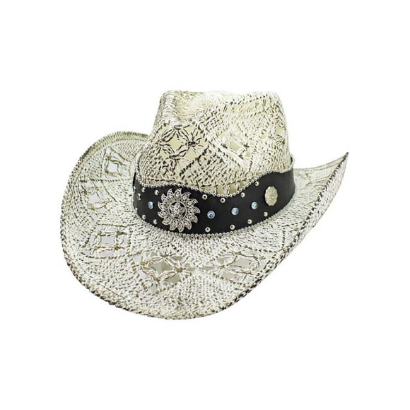 White Antiqued Straw Cowboy Hat With Jeweled Band Size Medium