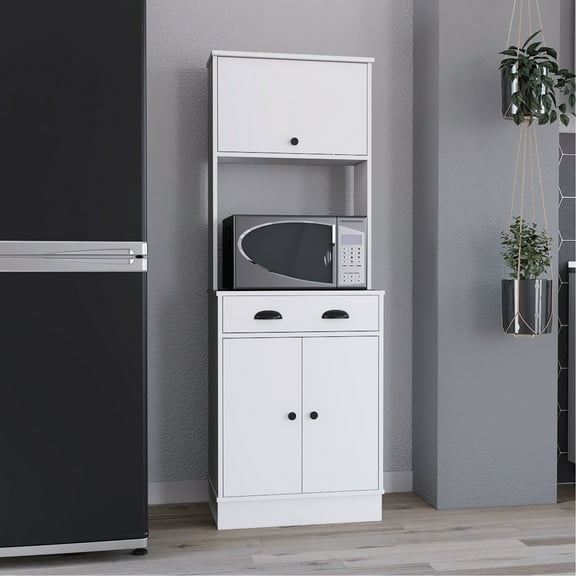 White Apex Kitchen Pantry With Drawer, 2 Cabinets, And Microwave Stand, 66.3" H - Solution Pantry, Stand Versatile Attractive Storage