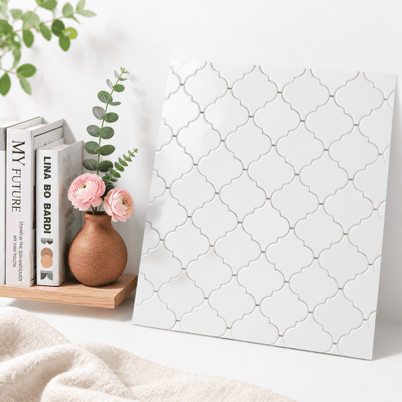 White Arabesque Peel and Stick 3D Wall Tiles, 12"x12" 10-Sheet Decorative Backsplash Panels