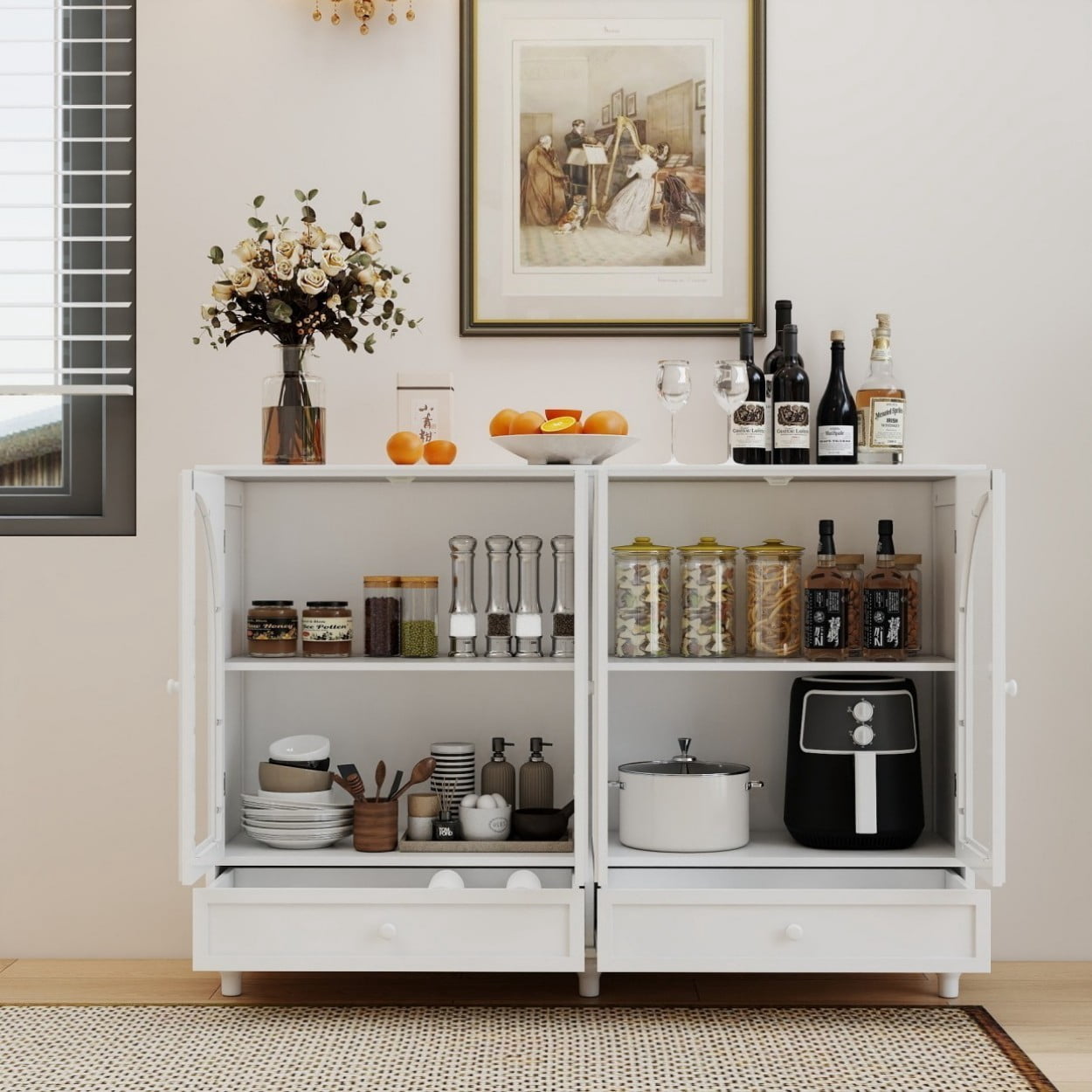 White Arched Glass Sideboard Cabinet, Buffet Storage Cabinet with 4 Glass Doors & 2 Drawers, Adjustable Shelf Credenza for Kitchen Dining Room Living Room