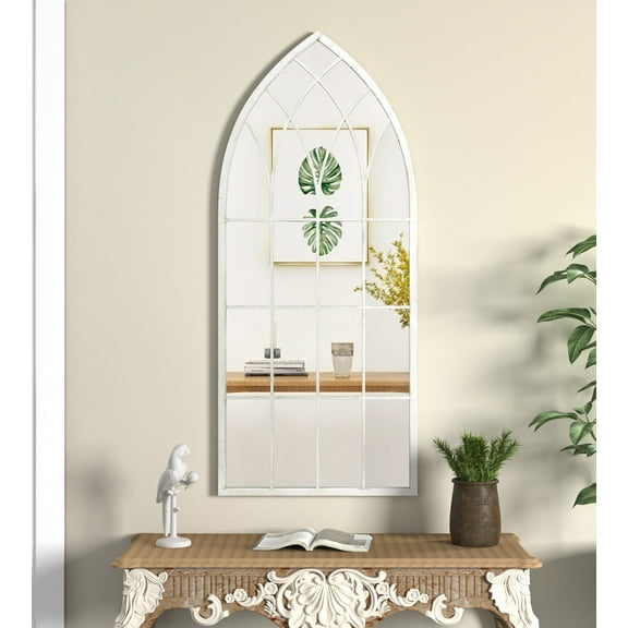 White Arched Pane Wall Mirror - Large Farmhouse Cathedral Window Mirror for Entryway, Hallway, Bedroom, Living Room 19.69 x 45.28 Inch