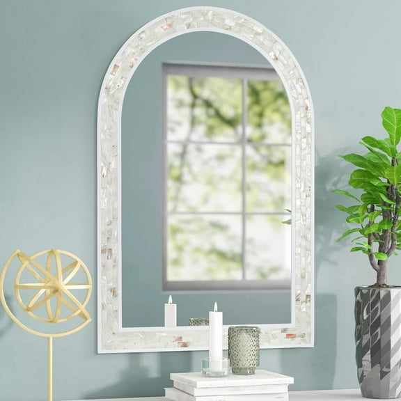 White Arched Wall Mirror 24x36 Inches, Mosaic Bathroom Mirror with Shell Frame for Bathroom Living Room Bedroom or Entryway